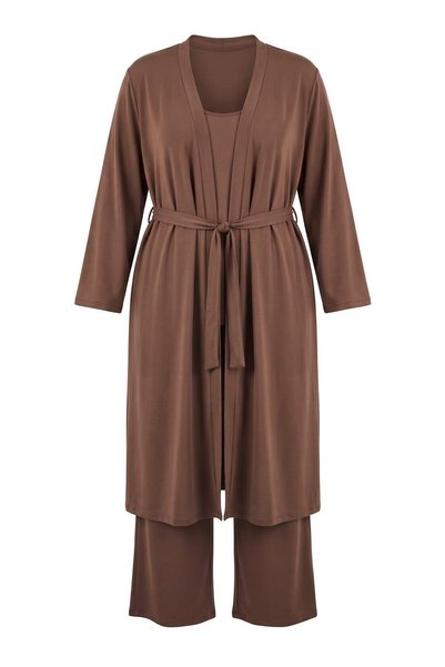 Trendyol Curve Brown 3-Piece Viscose Robe+Undershirt+Pants Knitted Pajama Set