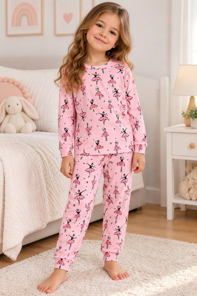 elmas kids Girl's 100% Cotton Pink Ballerina Print Long Sleeve Winter Pajamas...