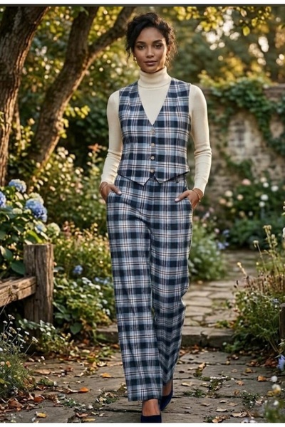 Dagü Design Women's Plaid Patterned Trousers and Vest Two-Piece Set