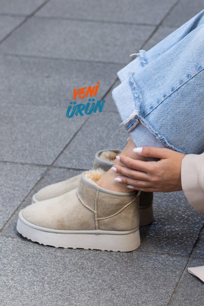 diya shoes KADIN BEJ SÜET İÇİ KÜRKLÜ KALIN TABAN BİLEKTE KISA KADIN BOT & BOOTİE
