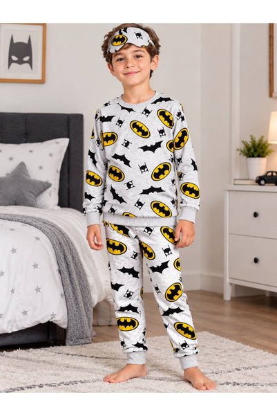 Pajama Shop Boy's Cotton Fabric Gray Color Bat Patterned Shawroned Long Sleev...