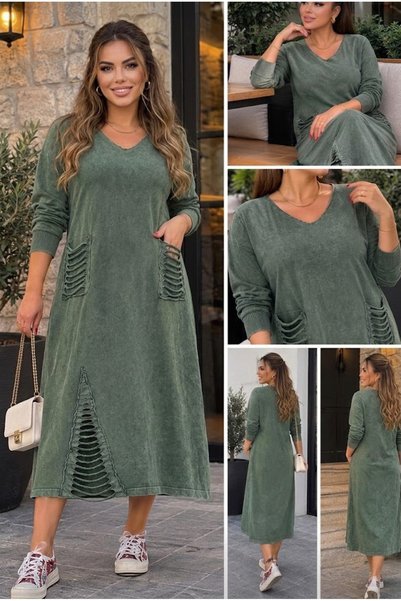 AYASOFYA OTANTIK Women's Khaki Round Collar Pocket Detailed Vintage Loose Cot...