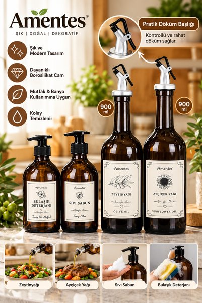 Amentes 4'lü 2'li Amber 750ml Yağdanlık 2'li Amber Sabunluk Mutfak Yağlık Sab...