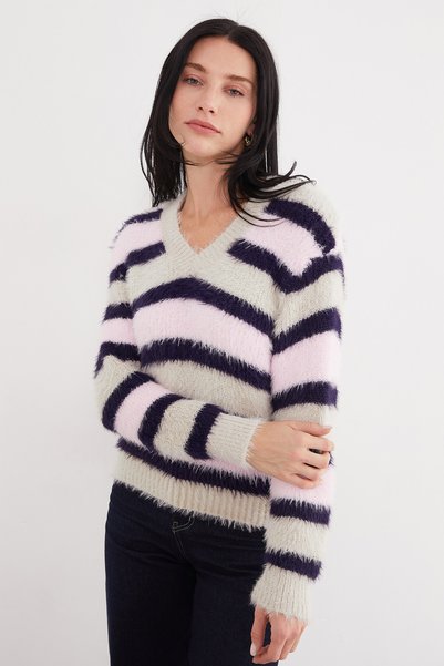 Fulla Moda Bearded Striped V-Neck Knitwear Sweater