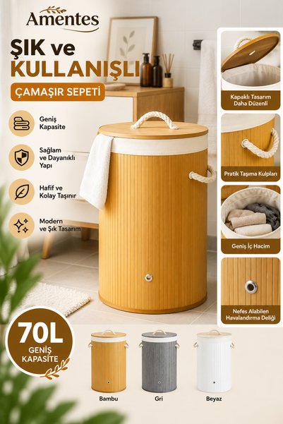 Cherry Collection El Yapımı Bambu Yuvarlak Çamaşır Sepet