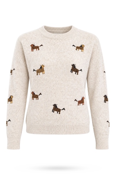 5in1Canpolat Beige Crew Neck Bead Embroidered Sweater 7858