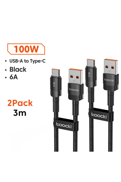 Toocki 3m Black 2Pcs 6A USB To Type C Cable for Huawei Xiaomi PD 100W Fast Ch...