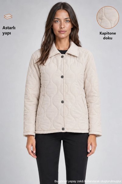 Freemen Kadın Taş Desenli Çıtçıtlı Çift Cepli Oversize Kapitone Ceket
