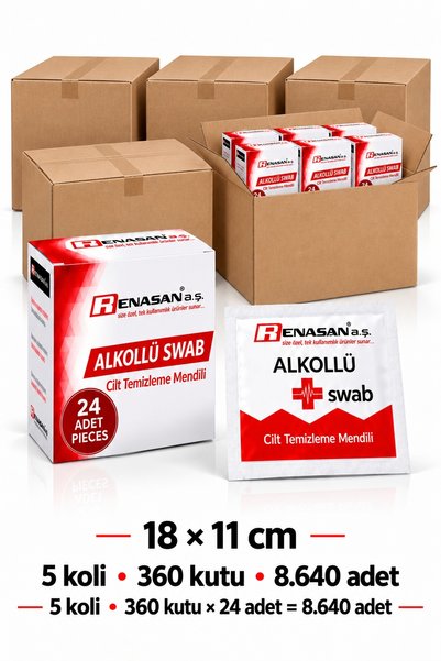 RENASAN Alkollü Swab Cilt Temizleme Mendili 18x11 cm 24lü 5 Koli 360 Kutu Cilt Temizleme ve Dezenfektan Mendil