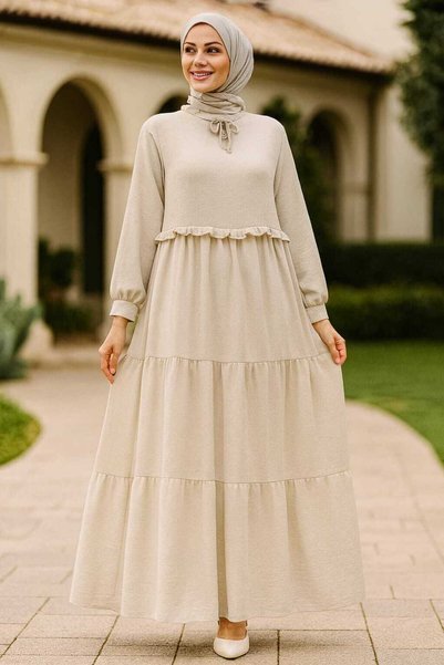 Neva Style Kat Pleated Beige Hijab Dress 5854Bej