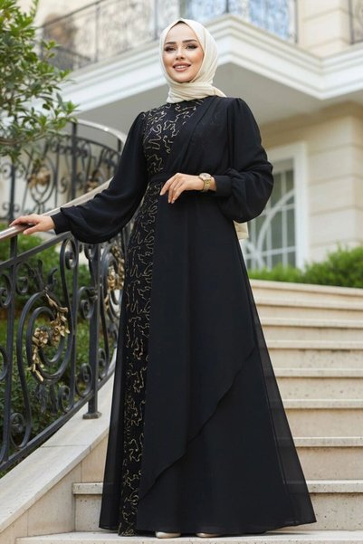 Neva Style فستان سهرة من الشيفون بتفاصيل ترتر ذهبية 5516GOLD