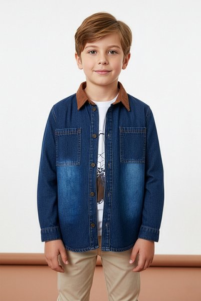 Fulla Moda Velvet Collar Detailed Denim Jacket 2-Piece Boy's Set