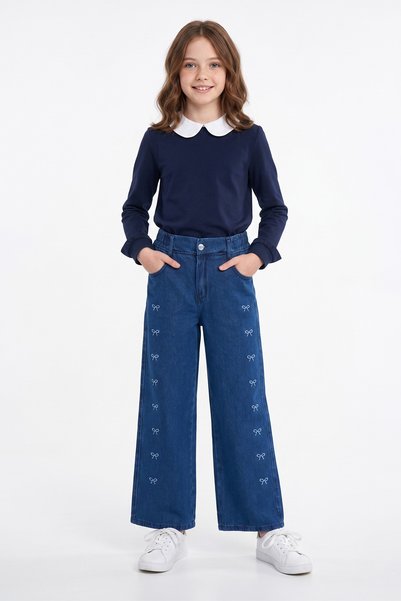Fulla Moda Elasticated Waist Girls' Trousers with Bow Embroidery