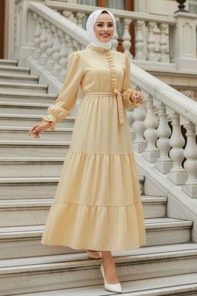 Neva Style Layered Pleated Beige Hijab Dress 617Bej
