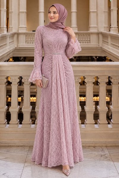 N.S NEVA STYLE Lace Pink Hijab Evening Dress 56621P