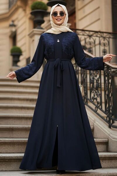 N.S NEVA STYLE Embroidery Detailed Navy Blue Hijab Abaya with Belt Pieces 29138L