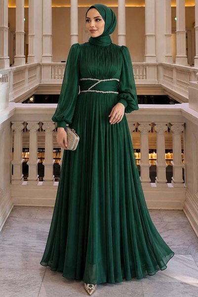 N.S NEVA STYLE Green Hijab Evening Dress with Drape Detail 54041Y