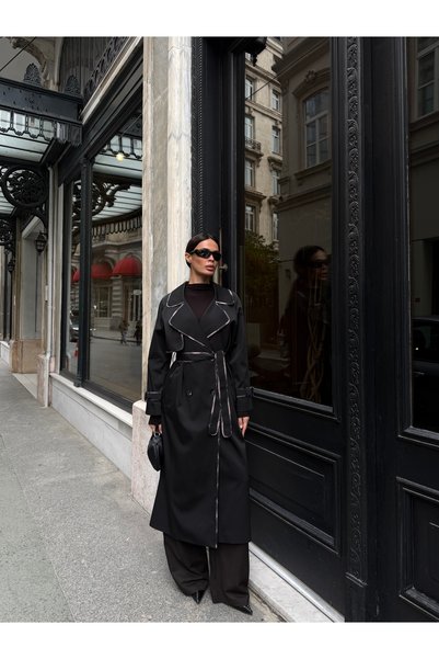 IDA Collection Piping Detailed Belted Trench Coat Black