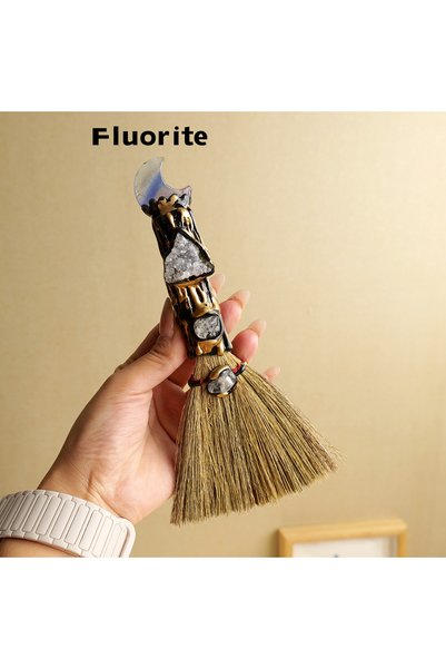 Choice4 1PC Fluorite 1PC Natural Crystal Moon Besom Gem Magic Broom Crafts Re...