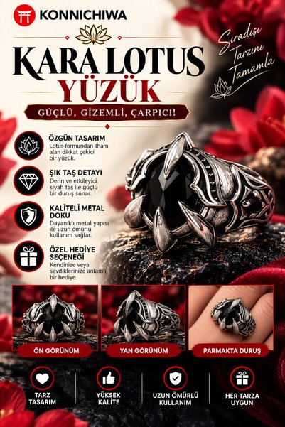 FG KONNİCHİWA Kara Lotus Black Stone Gothic Ring