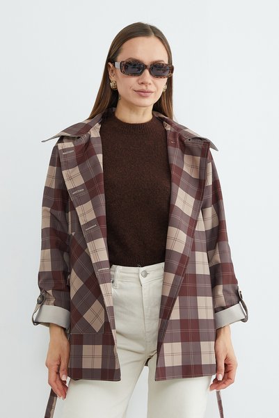 Fulla Moda Plaid Patterned Belted Trench Coat
