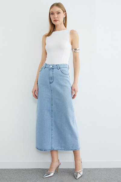 Fulla Moda Stone Detailed Pocketed Jean Skirt