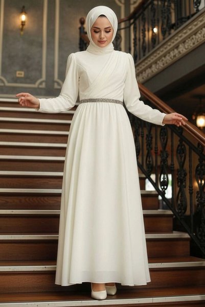 Neva Style Drape Detailed Ecru Hijab Evening Dress 5737E