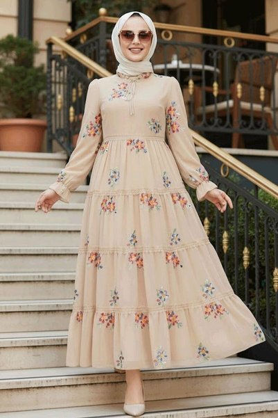 Neva Style Floral Patterned Beige Hijab Dress 32815Bej