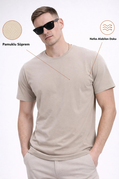 Freemen Erkek Bej Regular Fit Basic Tişört, Bisiklet Yaka, Pamuklu 30/1 Süpre...