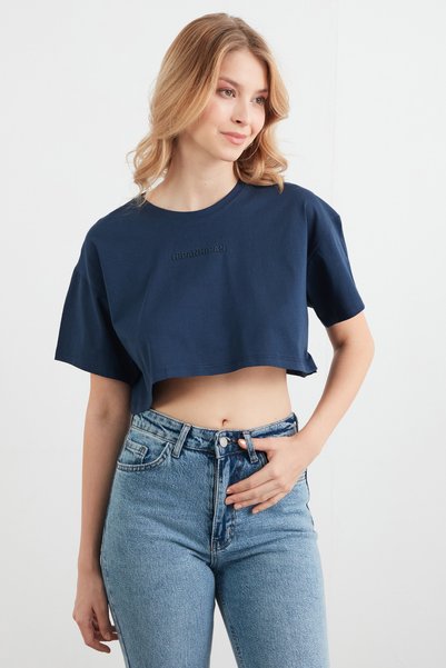 Fulla Moda Embossed Text Printed Crop T-Shirt