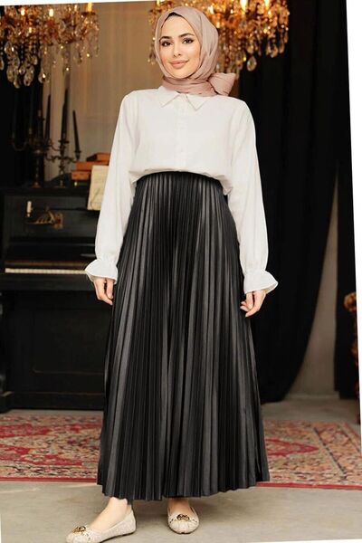 Neva Style تنورة حجاب سوداء مطوية 9207S
