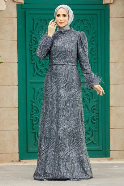 Neva Style Silvery Anthracite Hijab Evening Dress 2323Ant