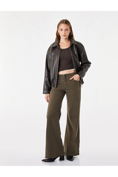 Koton Cotton Low Waist Slim Fit Spanish Leg Denim Trousers with Pockets - Fla...