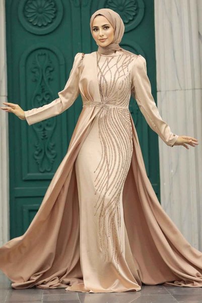 Neva Style فستان سهرة ذهبي من الساتان بذيل طويل 23221GOLD