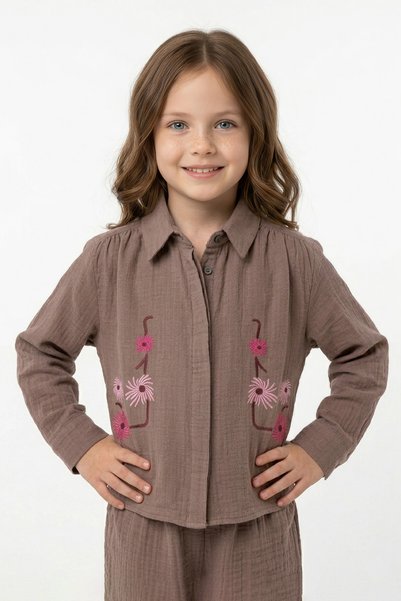 Fulla Moda Floral Embroidered Muslin Fabric Girls' Shirt