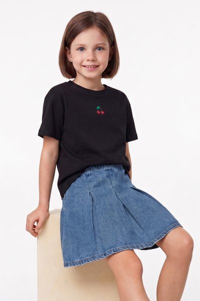 Fulla Moda Cherry Embroidered Crew Neck Modal Girls' T-Shirt