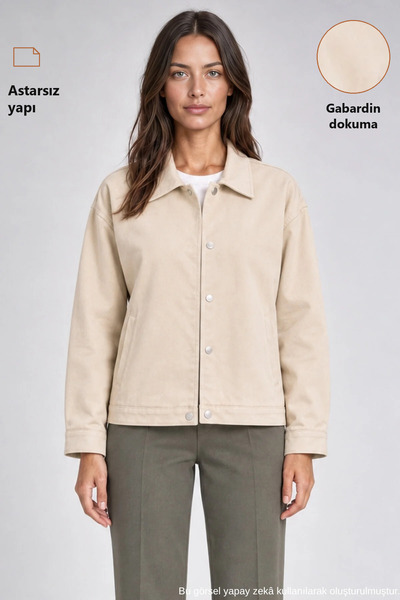 Freemen Kadın Oversize Basic Gabardin Mevsimlik Polo Yaka Taş Ceket