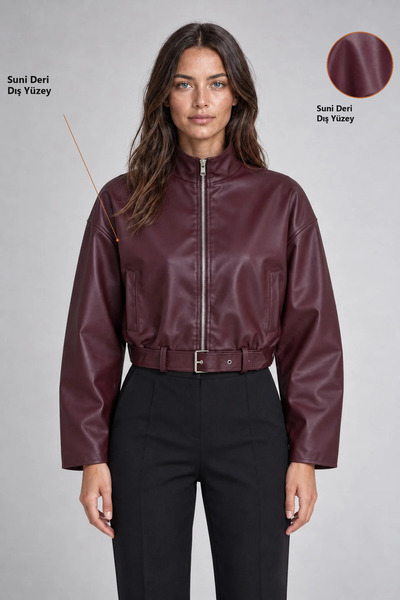 Freemen Kadın Bordo Deri Ceket - Kemer Detaylı Crop Oversize Deri Ceket
