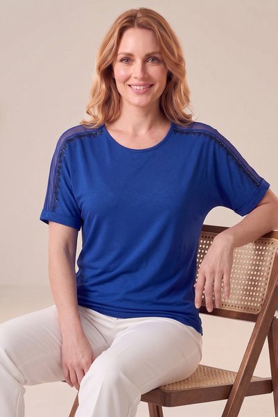 Fulla Moda Casual Modal T-Shirt with Transparent Sleeves and Stone Detailing
