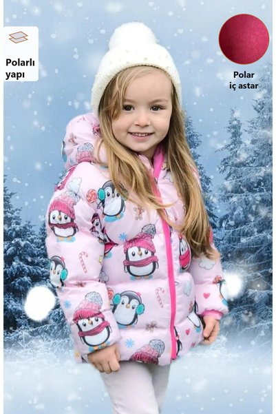 Freemen Girl's Fleece Hooded Penguin Candy Patterned Winter Puffer Coat & Coa...