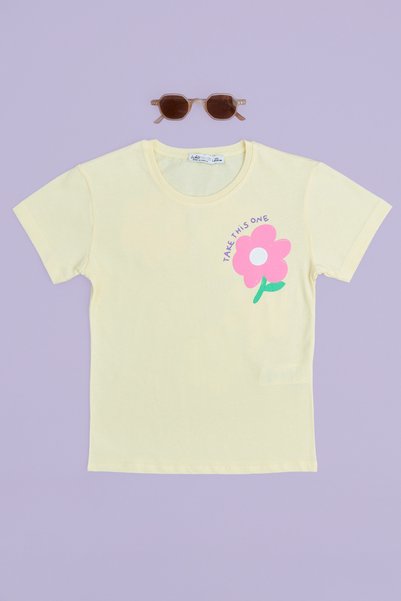 Fulla Moda Flower Printed Crew Neck Girl's T-Shirt