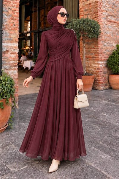 N.S NEVA STYLE Draped Brown Hijab Evening Dress with Stone Detail on the Shou...