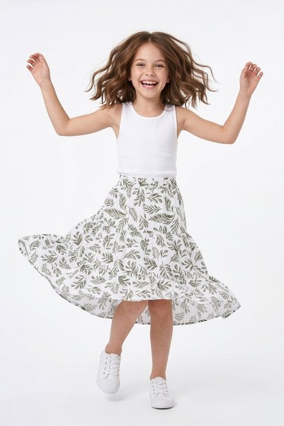 Fulla Moda Leaf Patterned Layered Girls' Skirt with Elastic Waist