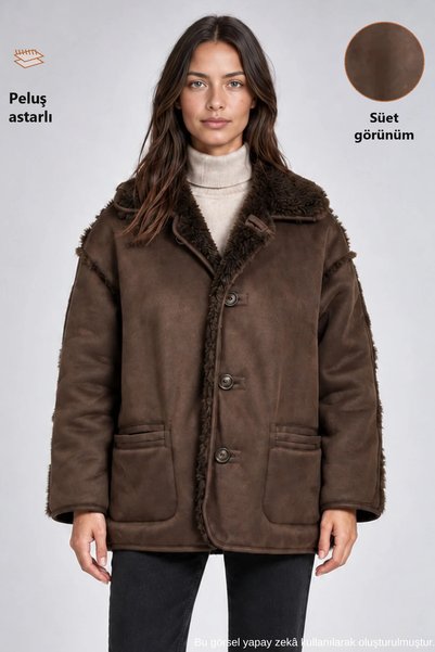 Freemen Kadın Kahverengi Peluş Astarlı Süet Görünümlü Oversize Cepli Mont