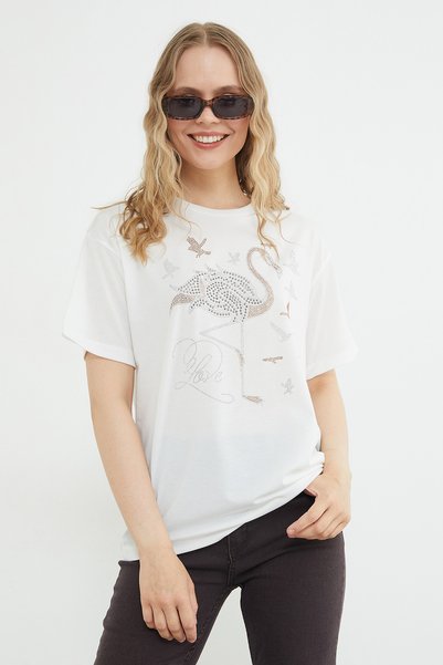 Fulla Moda Taşlı Flamingo Baskılı Salaş Tişört