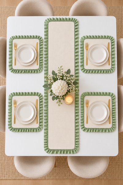 ZİLCA HOME 4-Person Ruffled Runner Set – 4 Square Placemats, 5-Piece Stylish Table Set