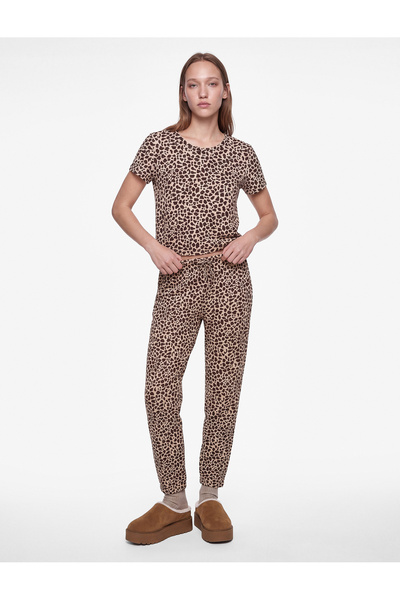Koton Leopard Print Relaxed Fit Crew Neck Short Sleeve Pajama Top