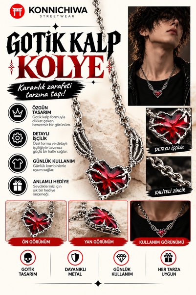 FG KONNİCHİWA 🖤 Gotik İskelet El Kırmızı Kalp Kolye Kırmızı Reaper Heart Ske...