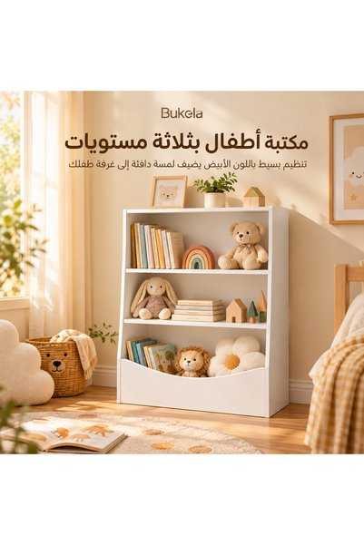 Bukela رف كتب للأطفال بثلاثة طبقات باللون الأبيض، خزانة كتب مستقلة للأطفال وم...