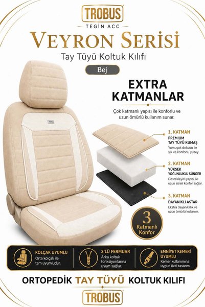 TROBUS Toyota Corolla Sedan 2002 Sonrası Uyumlu Veyron Serisi Bej Tay Tüyü Koltuk Kılıfı